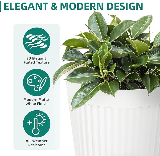 20" Tall Planters Set of 2, High-Density Resin Fluted Outdoor Pots for Plants, Versatile Indoor/Outdoor Flower Pots w/Drainage Holes for Patio, Garden, Porch & Living Room Decor, Ideal Gift