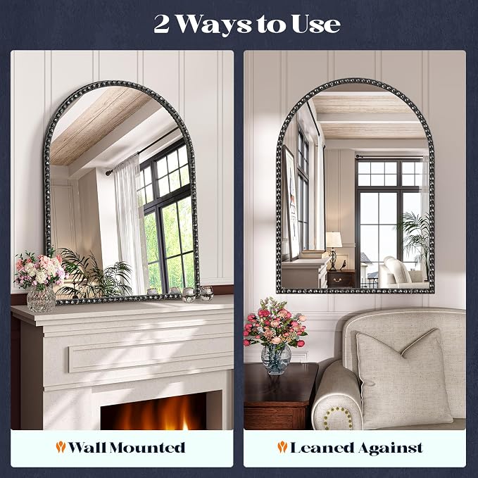 Arched Mirror for Bathroom, 24"x36" Black Arch Wall Mirror, Retro Black Metal Beaded Frame Decorative Mirror for Vanity Accent Bedroom Living Room Entryway Mantel