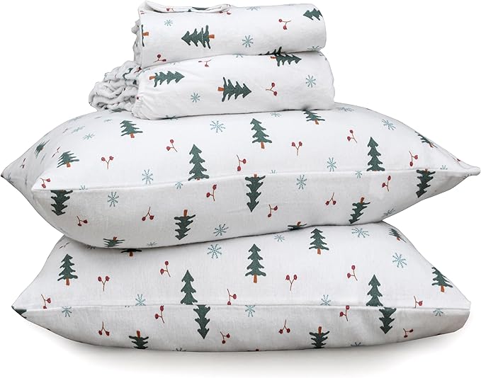 RUVANTI Flannel Sheets Twin XL Size - 100% Cotton Double Brushed Twin XL Sheet Sets, Deep Pockets 16 Inches, All Seasons Breathable & Extra Soft Bed Sheets, Warm & Cozy, 3 Piece, Berry & Pine