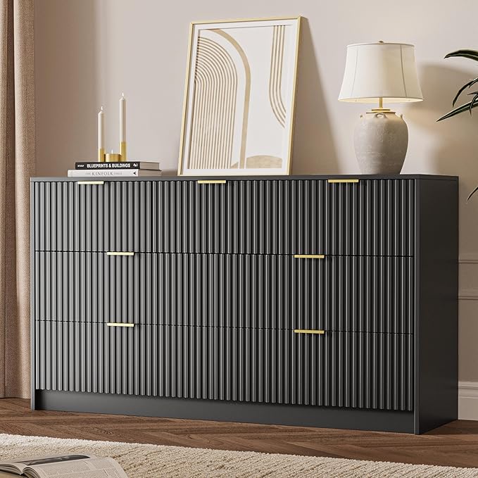 3-Piece Dresser Bedroom Set, 7 Drawer Dresser & 3 Drawer Nightstands with Gold Handles, Fluted Wood Chest of Drawers for Bedroom, Living Room, Entryway, Black