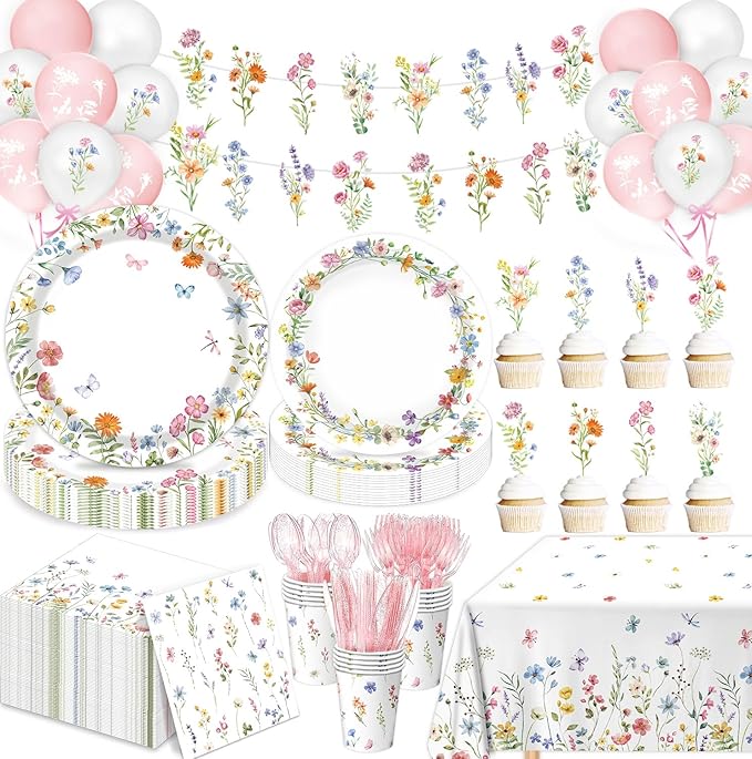 175 PCS Spring Wildflower Party Decorations include Plates, Cups, Napkins, Cutlery, Cake Toppers, Banner, Tablecloth, Balloons for Floral Baby Shower Birthday Decorations, Serves 20
