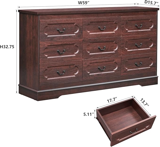 LIDYUK 9 Drawer Dresser for Bedroom Farmhouse Cherry Tall Wood Chest of Drawers for Bedroom Dresser, Modern Rustic 59" Wide Drawers Dressers Wooden Closet and Storage Cabinet, Hallway, Living Room