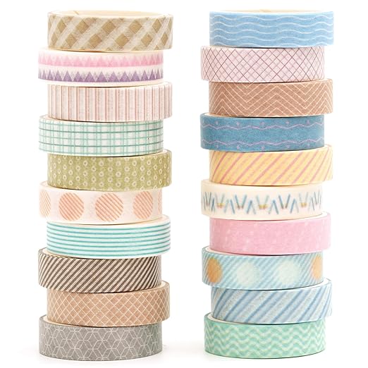 Songdao 20 Rolls Basic Washi Tape Set Japanese Arts Adhesive Tapes Simple Patterns Decorative Masking Tape Sets for Craft, Kids, Scrapbook, DIY, Gift Wrapping (Style Two)