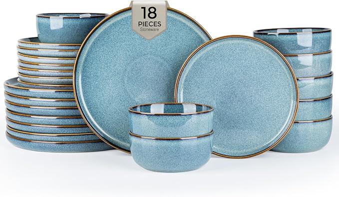 GBHOME Ceramic Dinnerware Sets for 6, 18 Pieces Stoneware Plates and Bowls Sets, Scratch Resistant Dishes, Dishwasher & Microwave Safe, Space Blue