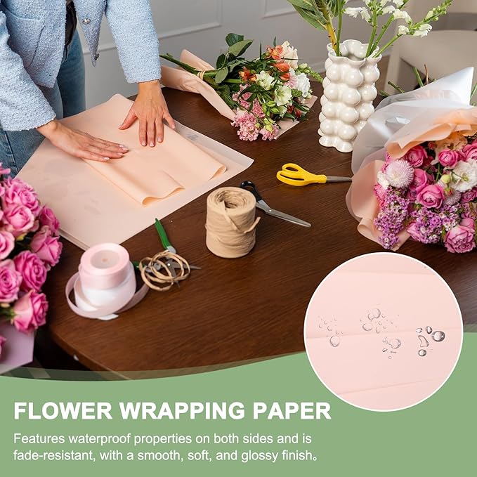 PATIKIL Flower Gift Wrapping Paper, 20 Sheets Double Sided Waterproof Bouquet Paper Wrap Florist Packaging Floral Papers for Wedding DIY Craft Valentine Mother's Day, Light Pink