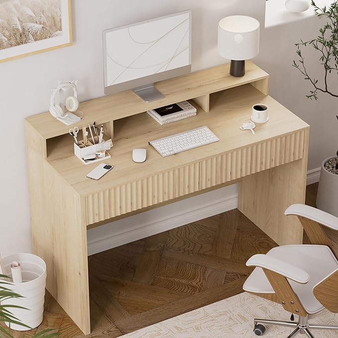 47" Executive Desk with Fluted Drawer, Modern Home Office Desk with Long Monitor Stand and 2 Drawers, Computer Writing Desk for Study Office Vanity, Light Oak