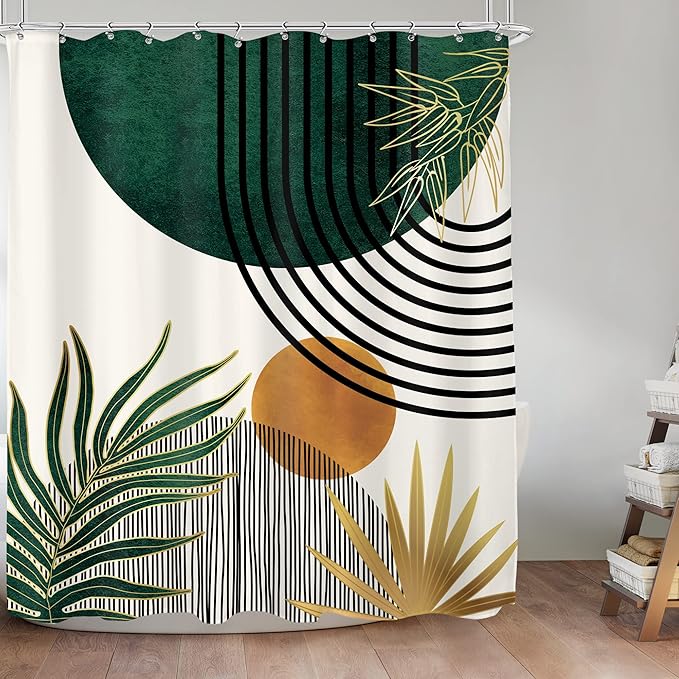 KOMLLEX Mid Century Green Boho Shower Curtain, Abstract Modern Shower Curtains for Bathroom, Plant Botanical Minimalist Leaf Arch Sun Fabric Liner Waterproof Polyester 12 Pack Hooks 60Wx72L Inches