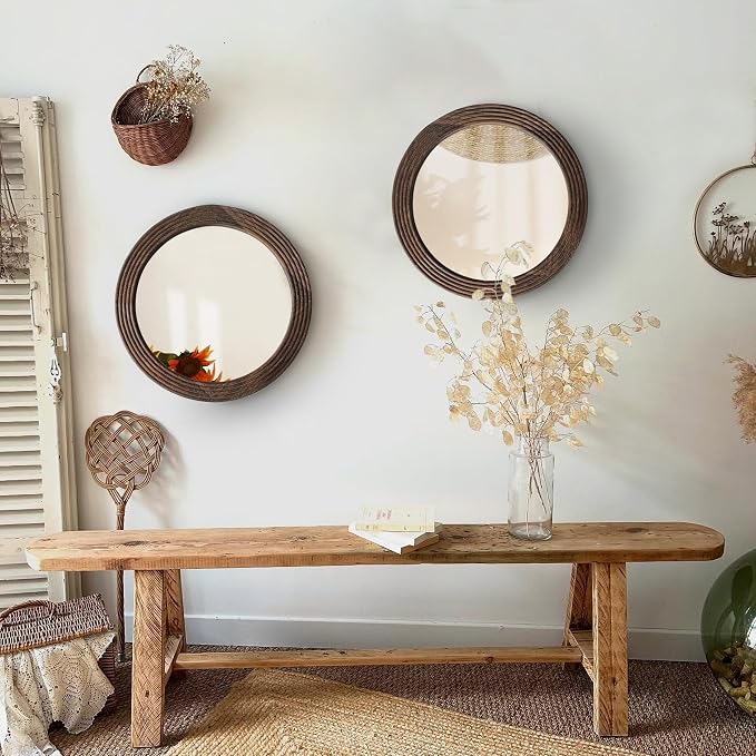 LOSOUR Round Mirror, Farmhouse Decor Solid Wood Frame Wall Circle Mirror, Decorative Mirrors for Bathroom Over Sink, Living Room, Entryway,Bedroom, Entryway, Hallway,Foyer (2, Coffee, 24" L x 24" W)