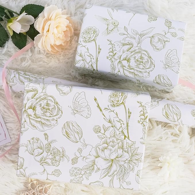 RayofSun Green Floral Wrapping Paper Roll 17 in x 16.5 ft Mini Roll Vintage Toile Flower Gift Wrap Paper for All Occasion Wedding Birthday Bridal Shower Party Baby Shower Christmas