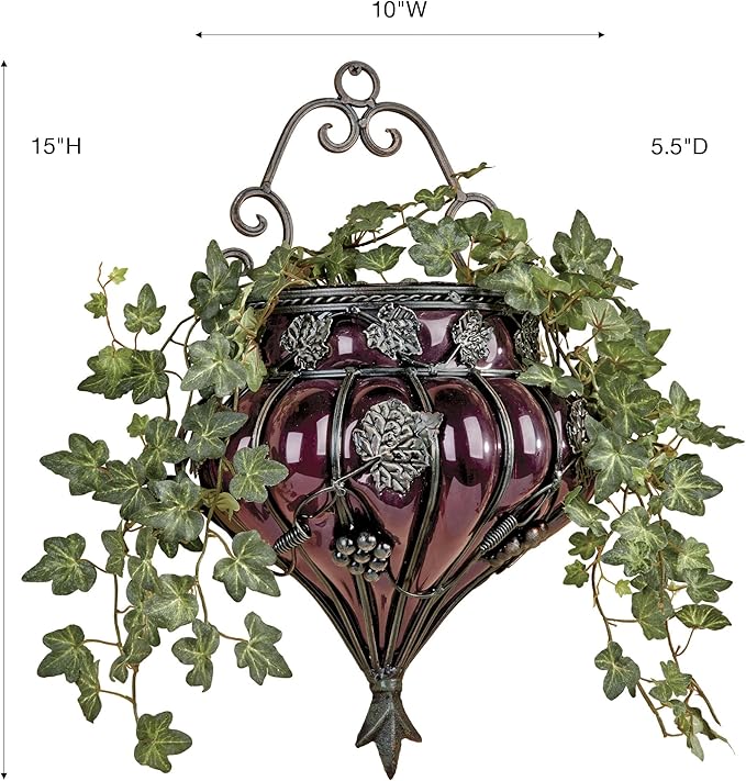 Touch of Class Grape Vase Wall Accent - Metal, Glass - Purple, Antique Bronze - Vineyard Grapevines and Leaves Decor for Bedroom, Living Room, Dining Room, Kitchen, Sunroom