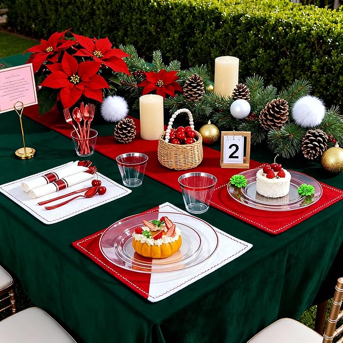 SUT 175 Pcs Red and Clear Plastic Dinnerware Set for 25 Guests, Include: 25 Dinner Plates, 25 Dessert Plates, 25 Pre Rolled Napkins With Silverware, 25 Cups, Disposable Plates for Party, Christmas