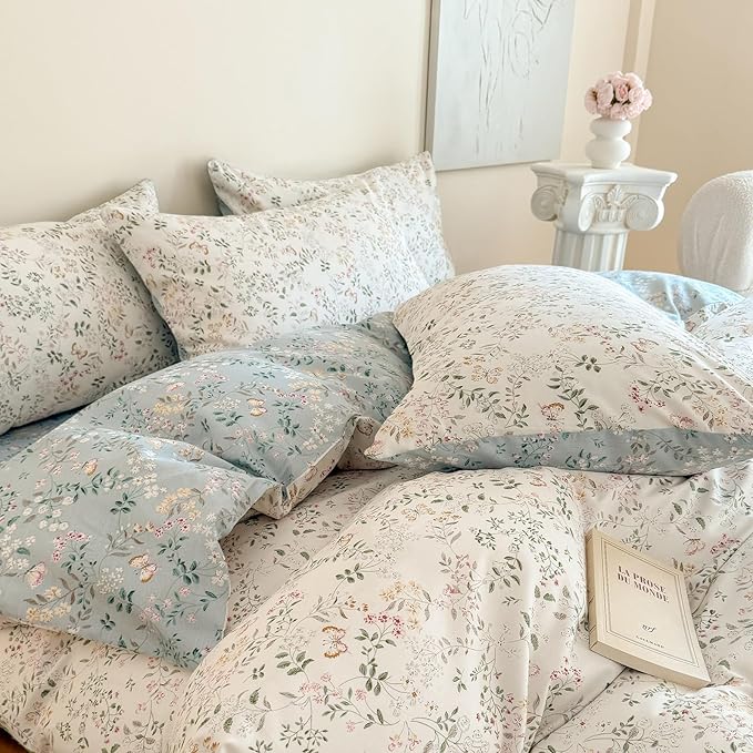 EAVD Garden Vibrant Floral Duvet Cover Full White Soft 100% Cotton Chic Shabby Spring Floral Bedding Set with 2 Pillowcases Reversible Botanical Print Duvet Cover with Zipper Closure