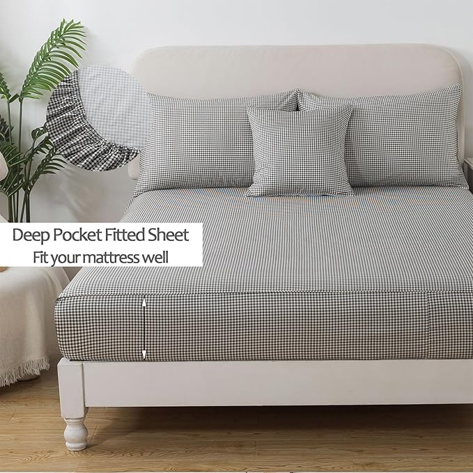 FADFAY Black Plaid Twin XL Size Sheets 100% Cotton Geometric Checker Bedding Teens Grid White Gingham Pattern College Bedding Deep Pocket Sheets with 2 Pillowcases Ultra Soft 4pcs, Twin Extro Long