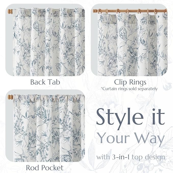 jinchan Floral Curtains 63 Inch Length Blue Flower Linen Farmhouse Curtain for Living Room French Country Vintage Curtain Rod Pocket Curtains Set 2 Panels Blue Floral Printed
