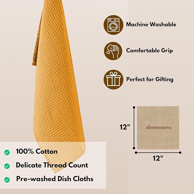 Native Fab Waffle 12 Pack Dish Cloths - 100% Cotton, Absorbent, Quick Drying, Washable Towels for Cleaning, Cooking - Great for Home, Restaurants, Bars, Multi Purpose Use - 12"x12" - Mustard Yellow