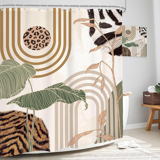 Glawry Green Abstract Shower Curtain Boho Tropical Leaves Palm Leaf Mid Century Minimalist Modern Bathroom Leopard Print Fur 60Wx72L Inches Bath Accessories Art Home Decor Fabric 12 Pack Hook