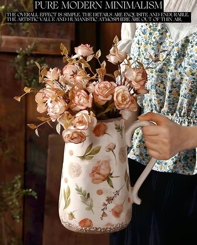 Retro Rustic Large Ceramic Vase with Handle, Distressed Farmhouse Pitcher for Home, Ideal Shelf Decor Floral Vase for Living Room Bedroom Office Table Centerpiece Decorations 9 Inch