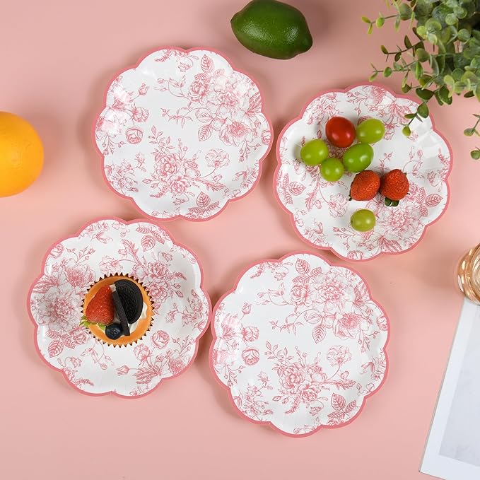 Pink Floral Party Plates Vintage Floral Leaf Disposable Paper Plates Wildflower Pink Toile 7" Scalloped Rim Dessert Plates for Valentines Birthday Bridal Tea Party Supplies (48)