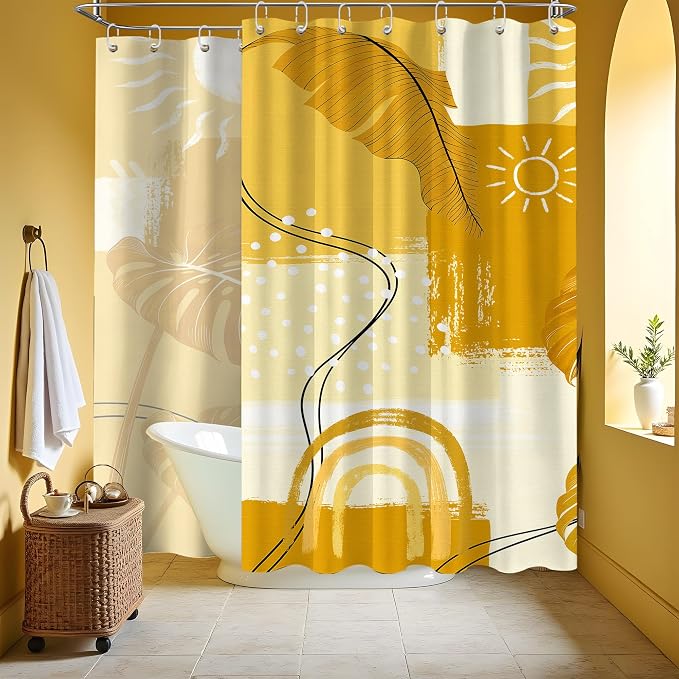 Extra Long Shower Curtain XL Mustard Yellow Leaf, 108 x 72 Inchs | for Extra Tall 108 Inchs Shower, Boho Botanical Pattern Design, Large Bathroom Decor Sets Waterproof Cloth Fabric, with Hooks