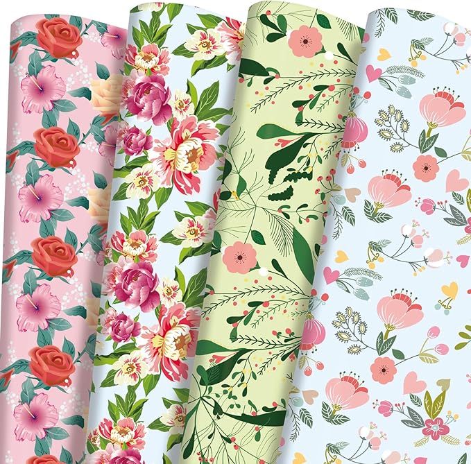 PlandRichW Floral Wrapping Paper Folded Sheets for Women Girls Baby, 12 Sheets Recycled Gift Wrapping Paper for Wedding, Birthday, Mother's Day, Party, Baby Shower, Precut 20" X 29"