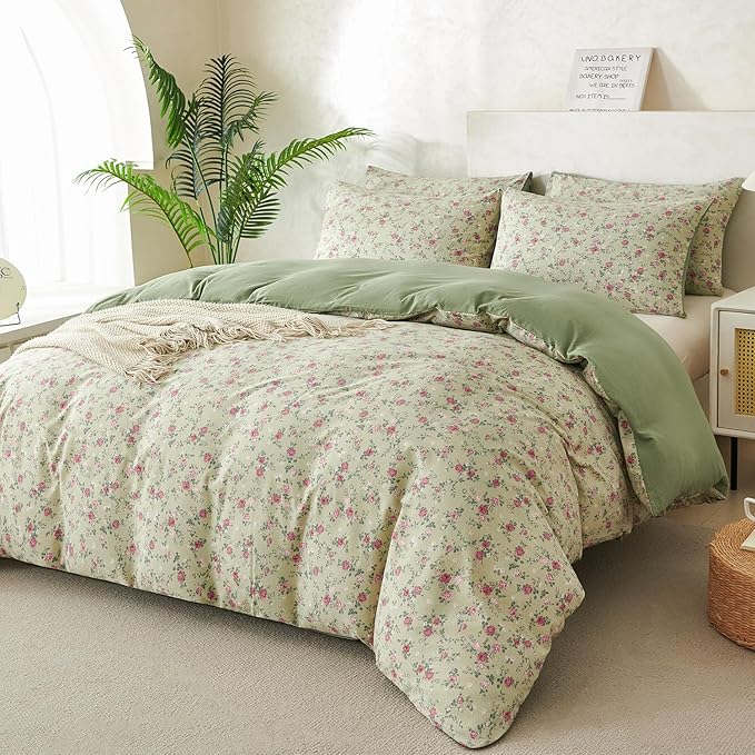 Comforter King Size Floral Soft 3 Pieces Chic Crinkle Gauze Fabric Garden Style Floral Print Botanical Comforter for All Seasons Luxury Warmth Comfy Breathable with 2 Pillowcases