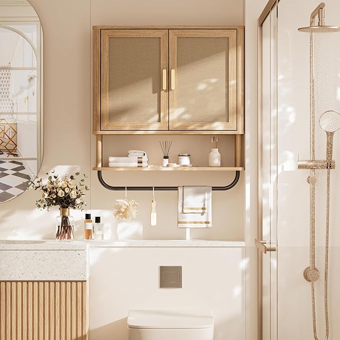 INNOD Rattan Bathroom Wall Cabinet with Towel Bar, Wall-Mounted Medicine Cabinet with Adjustable Wood Shelf & Doors, Over the Toilet Storage Cabinet for Laundry Room & Kitchen & Living Room