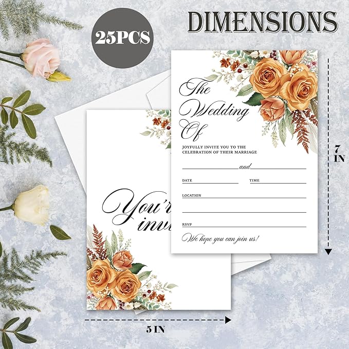 Boho Pampas Grass Wedding Invitations, 5"x 7" Autumn Wildflower Wedding Invites Card With Envelopes, 25 PCS for Party Decorations and Supplies - A06