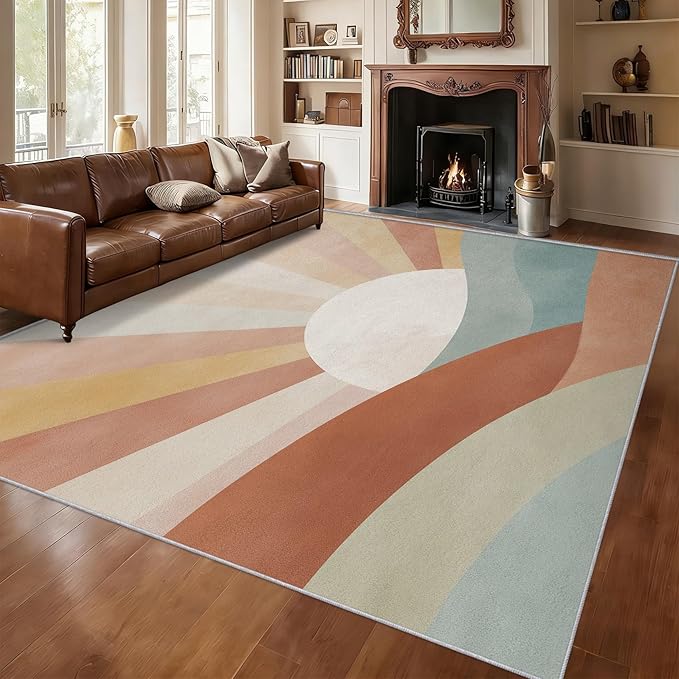 5x8 Boho Sun Rugs for Bedroom Decor, Washable Retro Sunrise Pattern Area Rug, Living Room Home Decoration, Non Slip Soft Thin, Mid Century Modern Decor Carpet PF-P 117