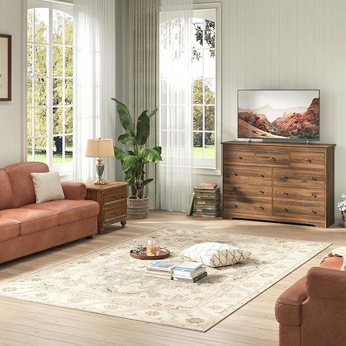 Brown Dresser for Bedroom，55" Wide 9 Drawers Dressers,Modern Wooden Chest for Living Room, Hallway