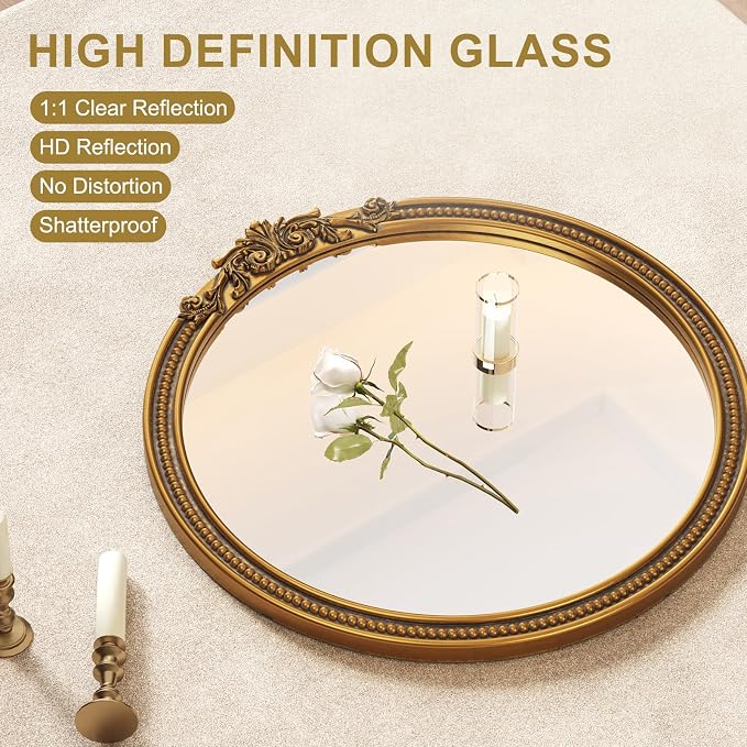 CozyDH Retro Gold Round Wall Mirror Decor - 24x24 inch Ornate Baroque Style Beaded Soli Wood Frame - Vintage Home Decor for Entryway, Foyer, Fireplace, Living Room, Hallway
