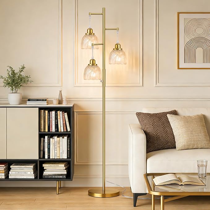 ROTTOGOON Dimmable Gold Floor Lamps for Living Room, Vintage Tree Standing Lamp with Glass Shades, 3 Light Mid Century Flower Floor Lamps for Bedroom, Office, 6W, Brushed Gold & Clear Shades