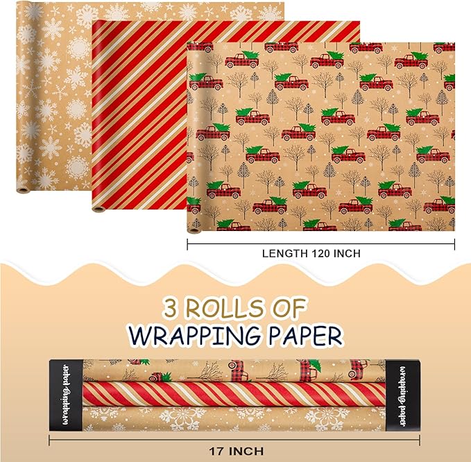 MAYPLUSS Christmas Wrapping Paper Roll - Mini Roll - 17in x 120in - Christmas Kraft Paper White Snowflake Red Truck, Stripe for Party, Birthday, Wedding, Anniversary (42.3 sqft)