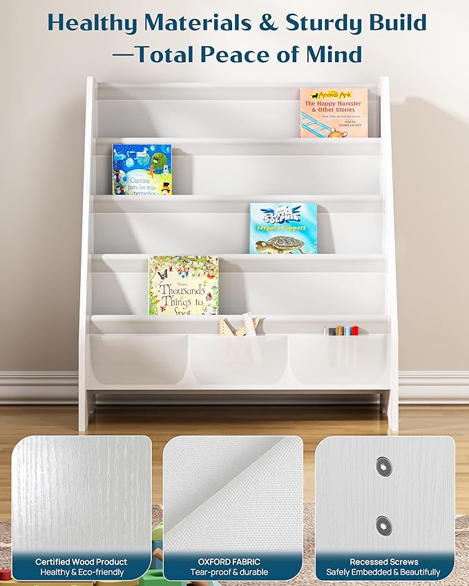 SEIRIONE Sturdy Kids Bookshelf,4-Tier Book Shelf for Kids Room with Tear-Proof Oxford Fabric-Nursery Room Playroom Classroom,Deep Slings to Keep Books Upright,Ideal Height for Toddler Age 3+, White