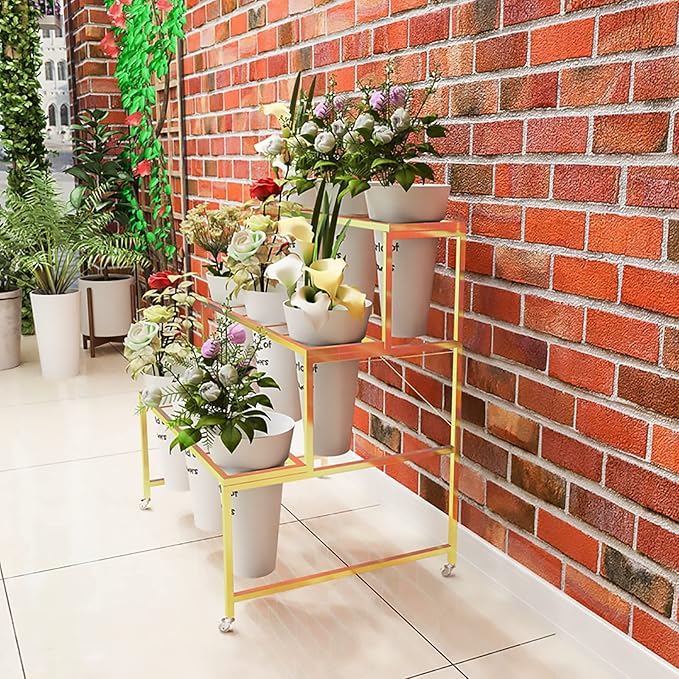 Flower Display Stand With 12PCS Buckets, 3 Layers Metal Plant Stand with Wheels, Heavy Duty Moving Plant Cart Shelf, for Indoor, Outdoor Patio Garden, Living Room, Florist (White - Round Bucket)