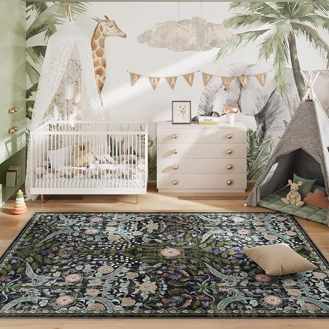 AMTOVO 5x7 Washable Area Rugs for Living Room, Vintage Boho Floral Distressed Print Non-Slip Carpet, Soft Colorful Accent Rug for Bedroom Dining Room Playroom Nursery Farmhouse Girls Room, Black