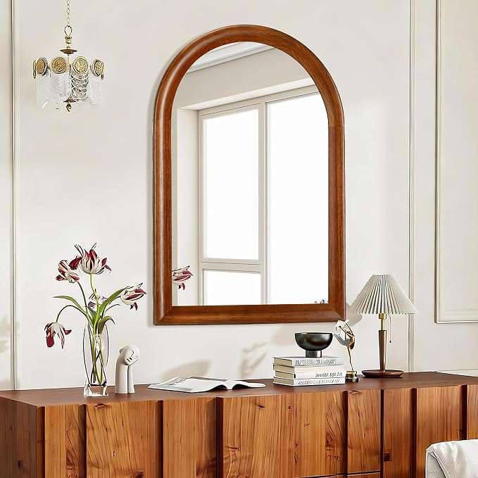 Tanmicoshomy Arched Bathroom Mirrors for Wall 20x30 Inch，Rustic Wood Wall Mirrors with Tempered Glass for Living Room, Bedroom or Entryway(Brown)