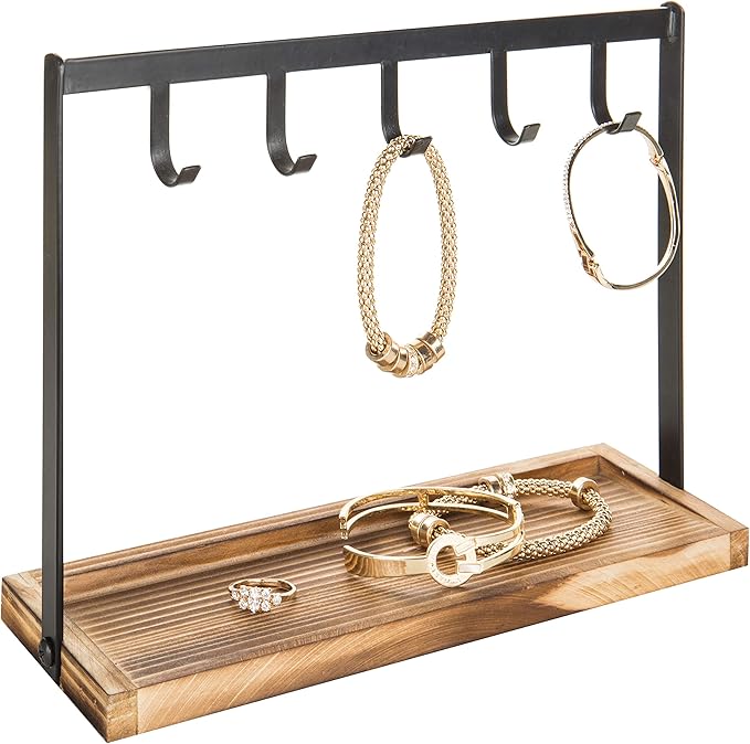MyGift Black Metal Entryway Key Holder with 5 Hooks and Burnt Wood Base, Tabletop Necklace and Jewelry Organizer Rack with Ring Tray