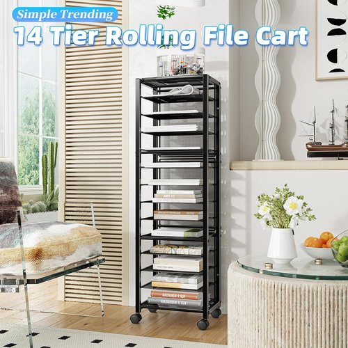 Simple Trending 14-Tier Rolling File Cart - Desk Organizer for Paper Storage | Black