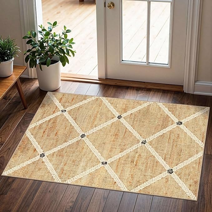 Front Door Mat Indoor - 2x3 Non-Slip Front Door Rug Washable Doormat Indoor Outdoor Entrance Woven-Look Beige Farmhouse Geometric Small Throw Rugs for Entryway Bedroom Kitchen Laundry Room
