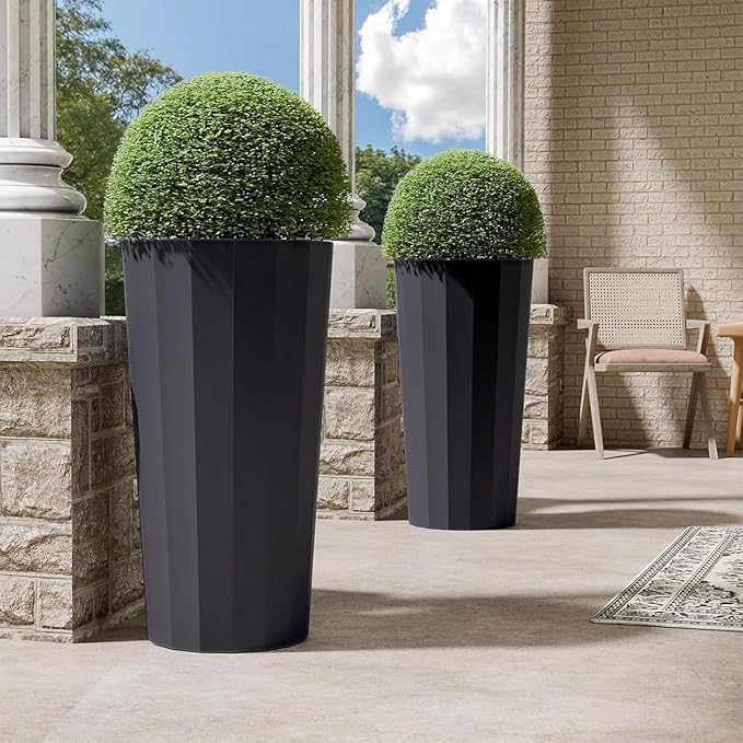 23.6" Tall Outdoor Planters Set of 2, Large Planters for Outdoor Plants for Porch Decor with Drainage Hole, Wide Stripe Design Porch Flower Pots for Indoor Pot Patio/Garden, Gray Blue
