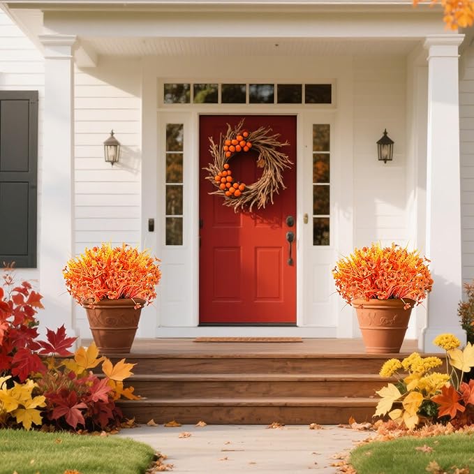 Der Rose 24 Bundles Fall Mums Artificial Flowers for Outdoor Fake Flowers Plants UV Resistant for Home Garden Porch Window Wedding Decor（Orange）