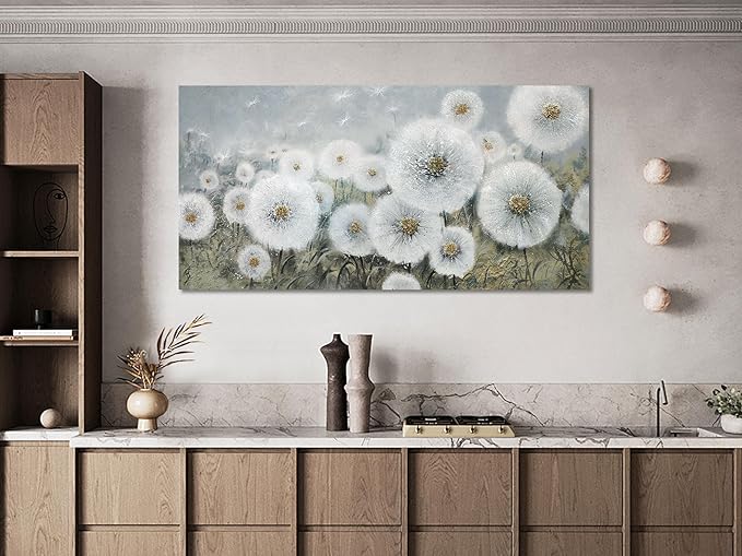 Ardemy Flower Wall Art Canvas Dandelion Painting White Floral Picture, Textured Extra Large Framed for Living Room Bedroom Kitchen Dining Room Home Office Decor 58"x29"