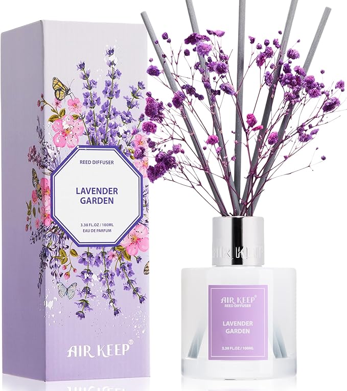 Airkeep Reed Diffuser Set,3.38 fl oz (100 ml) - Lavender Garden Oil Diffusers with 8 Reed Sticks, Home Fragrance Reed Diffuser for Bathroom Shelf Decor