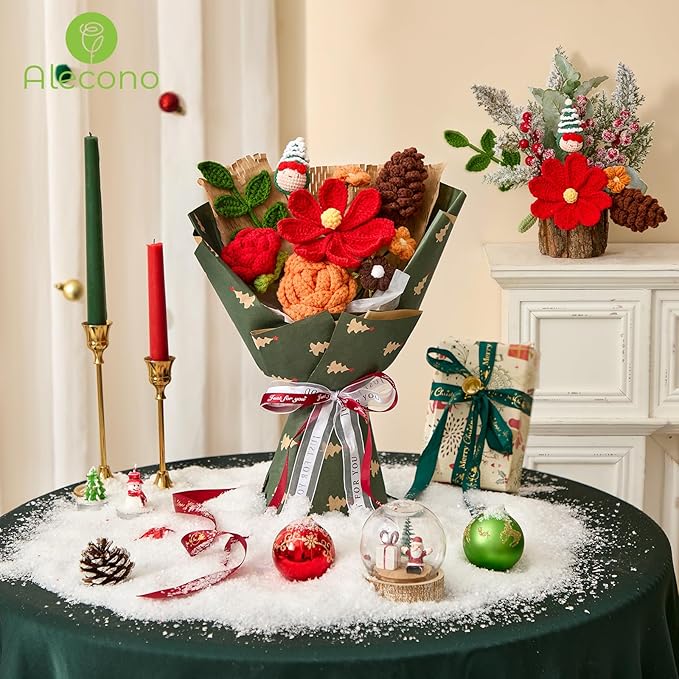 Alecono Crochet Flower Bouquet, Christmas Knitted Flowers, Green Completed Handmade Flower for Lover Anniversary Birthday Party Gifts (Include Card)