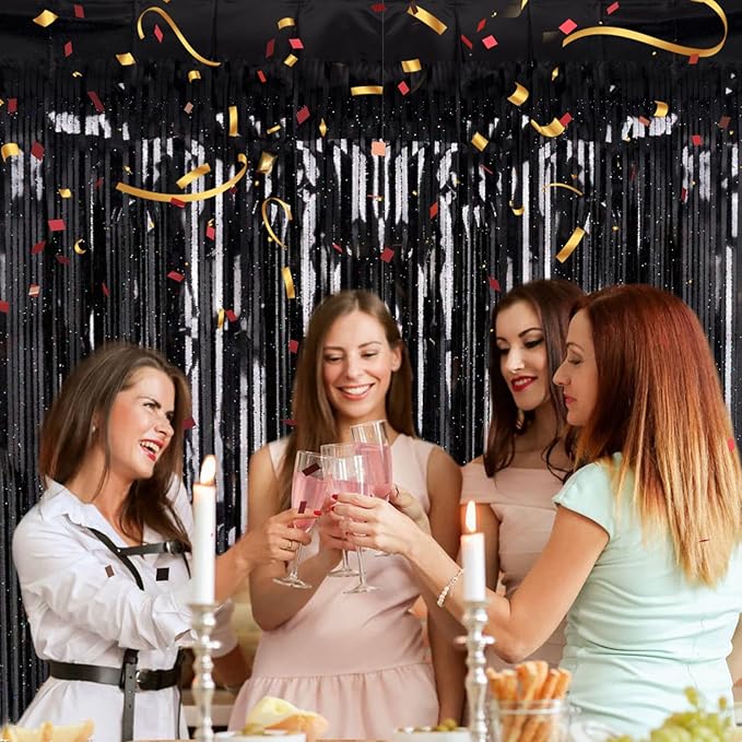 2 Pack 3.2ft x 8.2ft Black Tinsel Foil Fringe Curtain, Sparkle Metallic Foil Backdrop for Party Photo Booth Props New Years Eve Birthday Bridal Shower Bachelorette Holiday Decorations Supplies