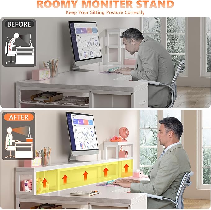 EnHomee 71" L Shaped Gaming Desk with LED Lights, White Computer Desk with Drawers and Printer Shelf, Power Outlet, Reversible Home Office Desks with Storage and Monitor Stand