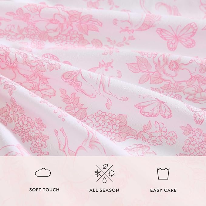Laura Ashley Kids - Twin Sheet Set, Soft & Wrinkle-Resistant Toddler Bedding Set, Deep Pockets, Girl Bed Sheets with Matching Fitted Sheet & Pillowcase (Toile Unicorn Pink)
