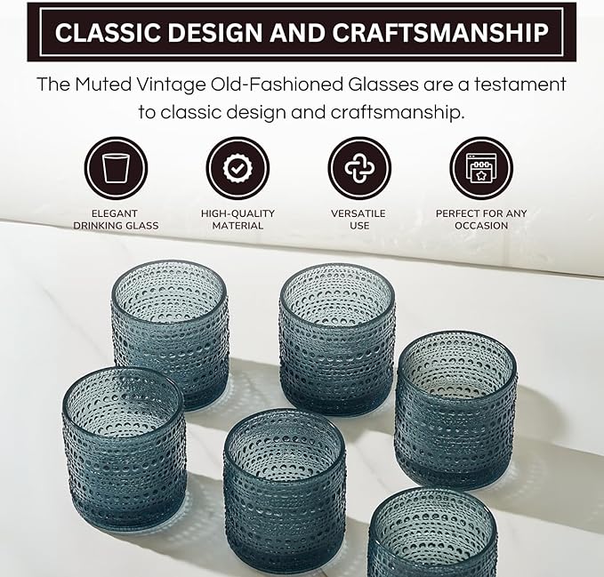 Blue Hobnail Drinking Tumbler | Set of 6 | 11 OZ Bubble Design Vintage Glassware, Beverage Glasses Bubble Water, Wine, Old Fashioned Cocktail, Whiskey Rocks Glass Cup, Elegant Glassware Gifts For Home