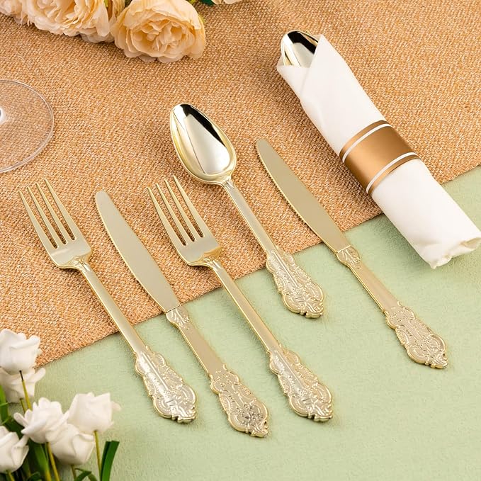 300PCS Gold Plastic Silverware for 100 Guests, Heavy Duty Gold Disposable Utensils Sets, Includes 100 Forks, 100 Spoons, 100 Knives, Elegant Cutlery Perfect for Wedding, Party