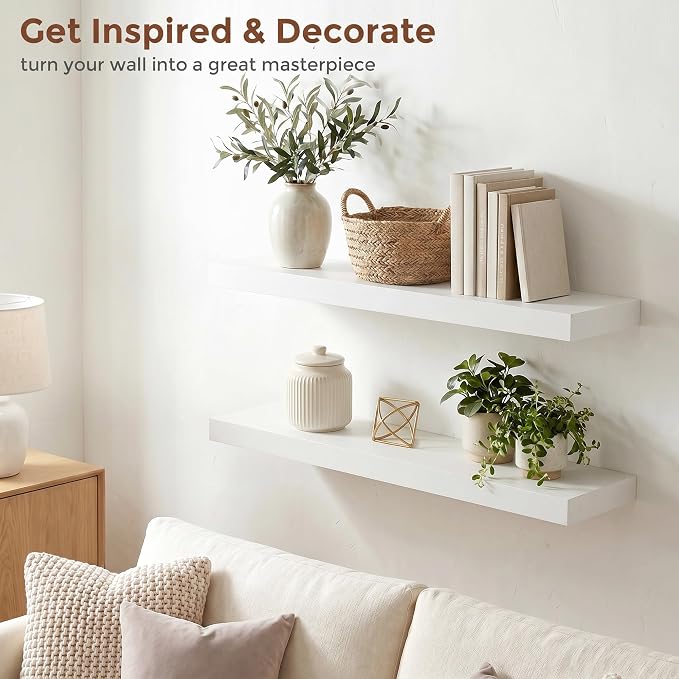 fuqing White Floating Shelves | 24 Inch Wood Floating Shelves for Wall Set of 2 | 24" W x 6.7" D x 1.4" H Rustic White Wooden Shelves for Bathroom Living Room Bedroom Kitchen